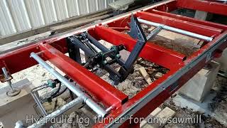 Universal hydraulic log turner for sawmill