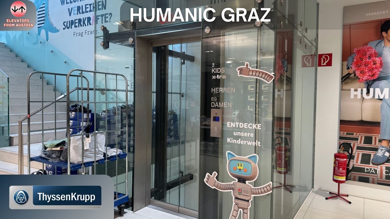 Glass 2007 ThyssenKrupp MRL traction elevator@Humanic Department Store, Graz, Austria