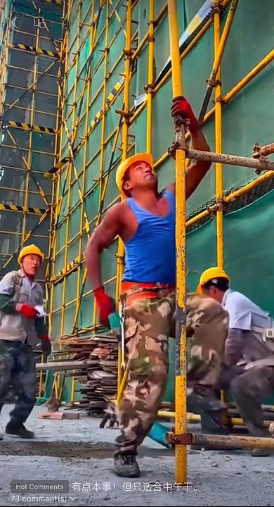 Chinese building worker who is skillful enough to make this crazy move عامل بناء صيني ماهر او متهور