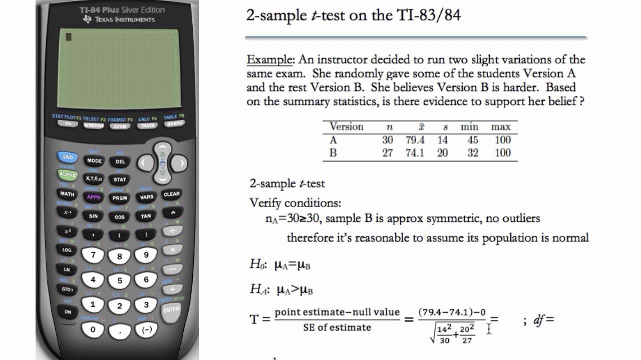 2 Sample T Test TI 83 TI 84 YouTube