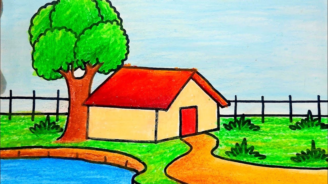 How to draw a beautiful village scenery drawing | Landscape drawing ...