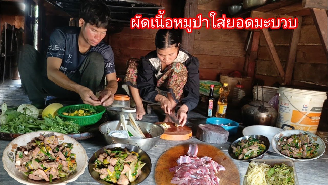 พาเมียเข้าไร่หาเก็บพืชผัก แล้วกลับมาทำกับข้าวที่บ้าน ผัดเนื้อหมูป่าใส่ยอดมะบวบอร่อยมาก-บ่าวยืง