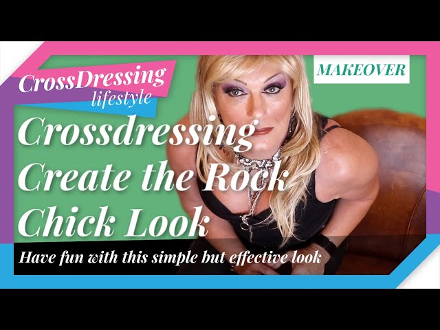 Crossdressing Rock Chick look, wet look trousers statement jewellery & high heel ankle boots.