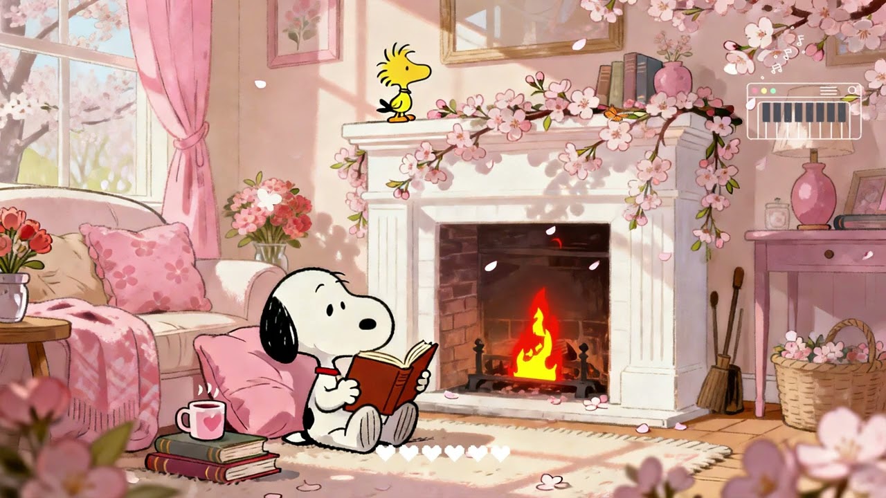 🌸 Snoopy Cozy Spring Fireplace 🔥 Calm Lofi for Study & Relax