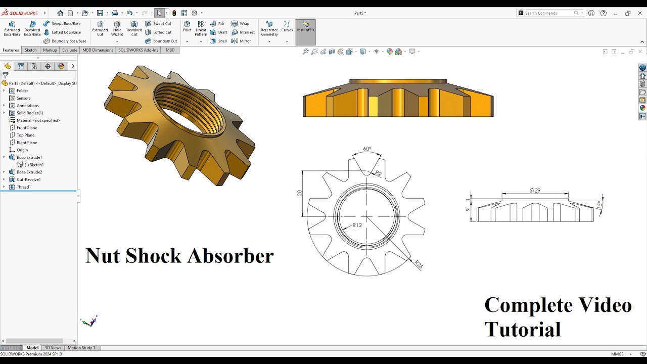 How to make Nut Shock Absorber Modelling in Solidworks, Complete Video Tutorial