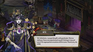 Nyx giggles after accepting a vintage bottle of Ambrosia from Zagreus - Hades