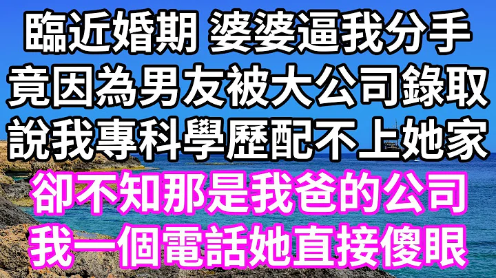 臨近婚期 婆婆逼我分手！竟因為男友被大公司錄取！說我專科學歷配不上她家！卻不知那是我爸的公司！我一個電話她直接傻眼！#為人處世 #幸福人生#為人處世 #生活經驗 #情感故事#以房養老#婆媳故事 - 天天要聞