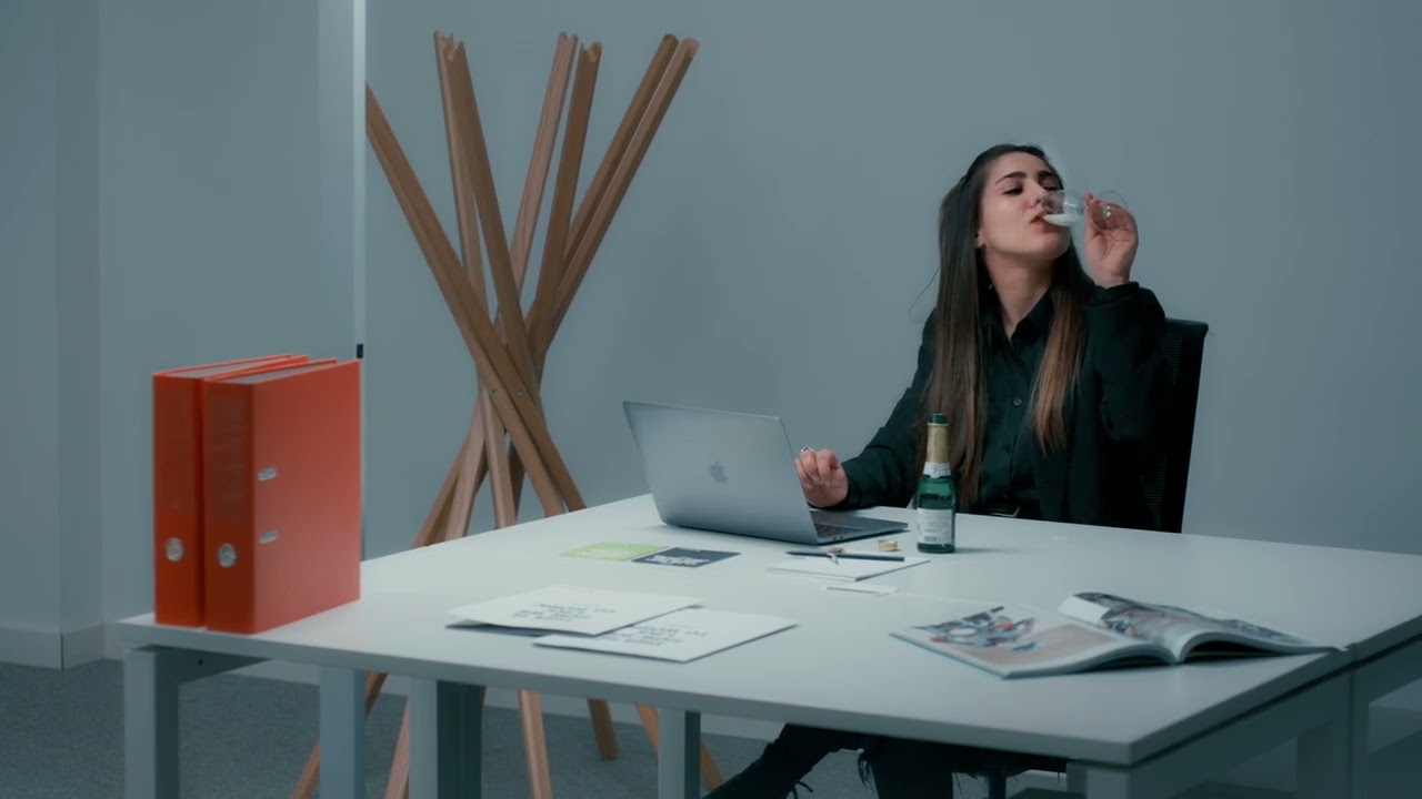 Businesswoman Drinking Prosecco at Office Desk | Slow Motion | Sony FX3 + DaVinci Resolve