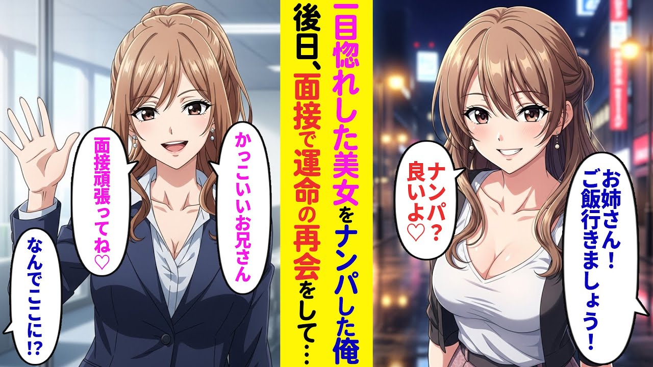 【漫画】街で一目ぼれした美女をナンパした転職活動中の俺。「ご飯なら良いよ♡」後日、面接に行くとそこにはナンパした美女がいて…【ラブコメ】