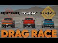Rivian R1T vs Ram TRX vs Ford Raptor vs GMC Syclone — drag racing the world's fastest pickups!