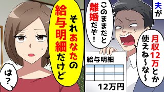 夫が妻に「月収12万だと離婚するぞ！」と言うが、その給与明細は