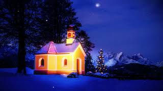 Free No Copyright Holiday Christmas Background. Glowing Church, Snowing, Tree, Night Sky.