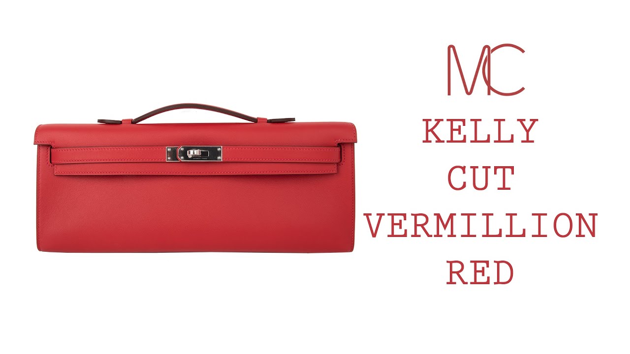 Hermes Kelly Cut Vermillion Red Clutch Bag Swift Palladium