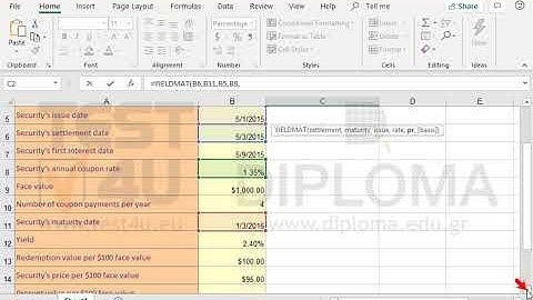 Use the proper function in the cell C2, to calculate the annual yield of a security that pays...