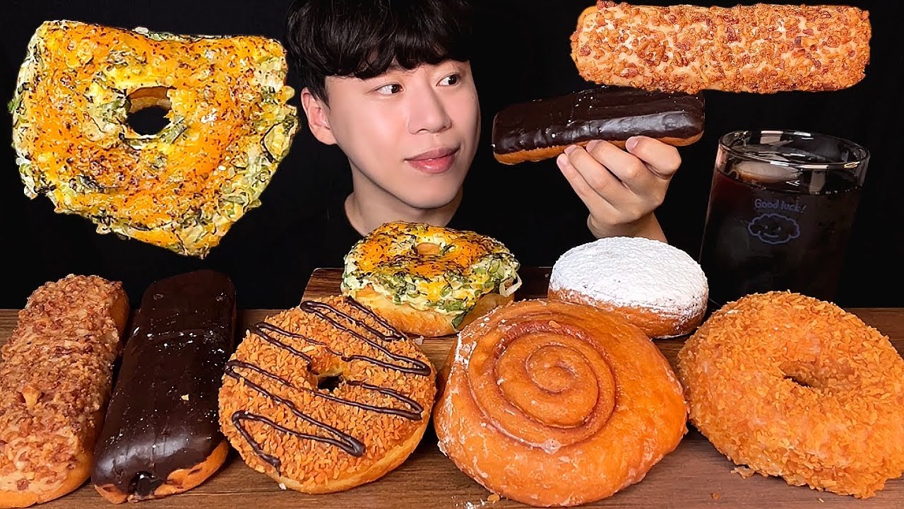 SUB) Шоу поедания пончиков Korean Randys | шоколад, кокос, бекон, пончик с зеленым луком