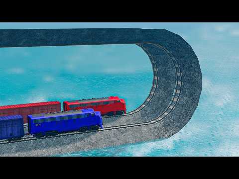Colorful Double Trains Vs Reversed Double Impossible Rails Tracks Crossing Deepwater | BeamNG.drive