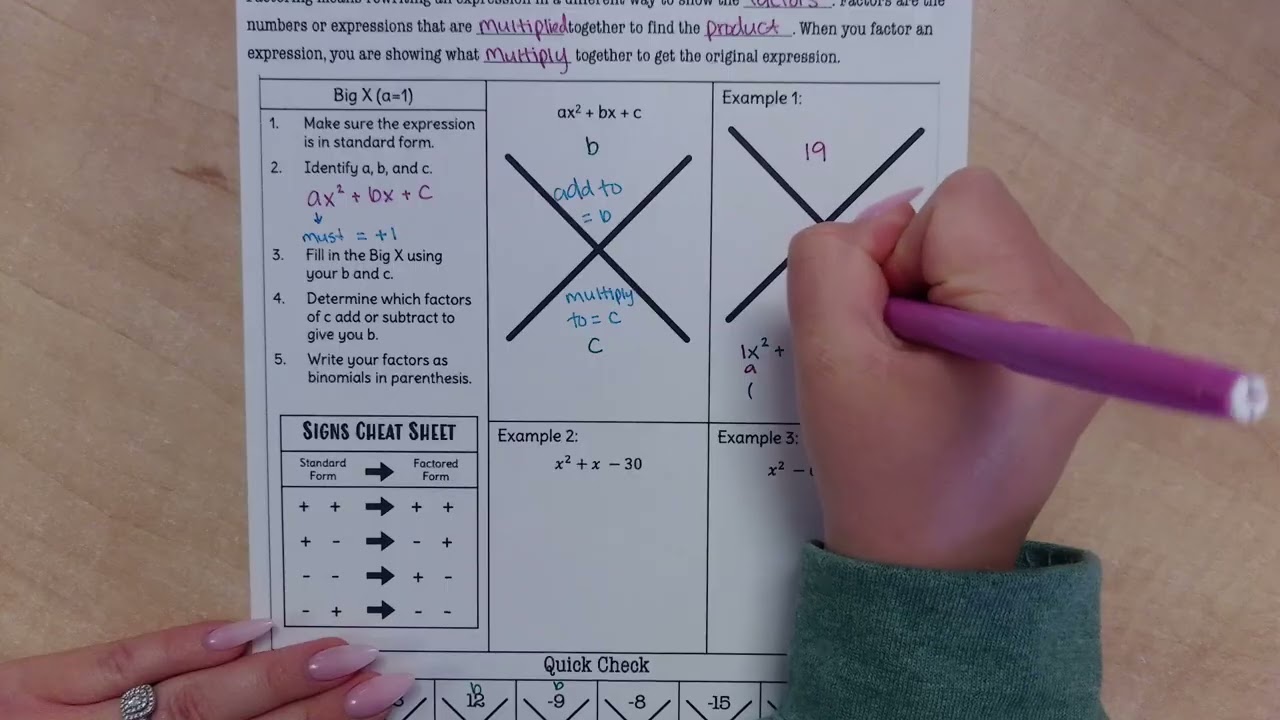 Factoring Trinomials When a = 1 (Big X Method) | Algebra 1 | Math with Mrs. B