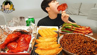 Asmr Mukbang  Fried Chicken Cheese Stick Black Bean Noodles Korean Food Recipe  Eating