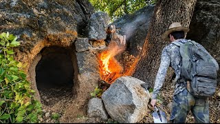 I Dug Under GIANT ROCK and Built a Hidden Survival Shelter | Fireplace, Fishing & Rotisserie Chicken