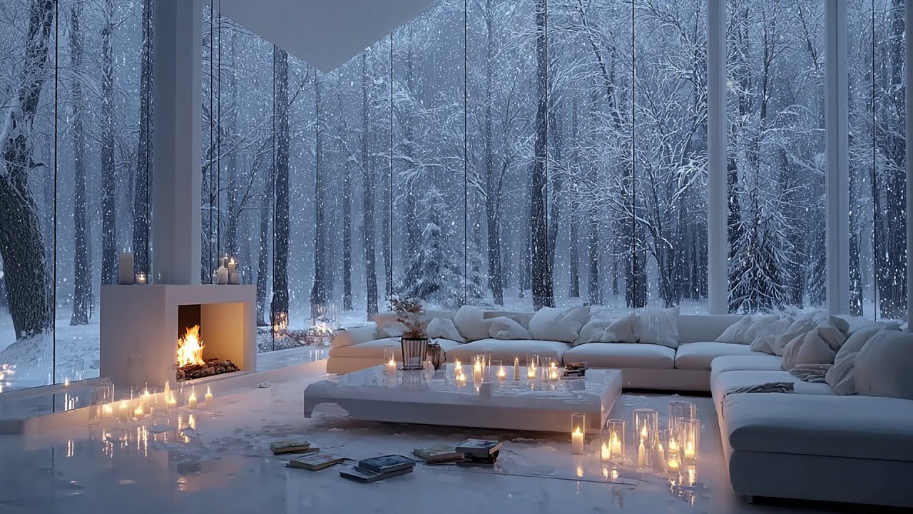 Fall Asleep Fast to Soft Winter Piano in this Modern White Lounge with a Cozy Fireplace 3 Hours