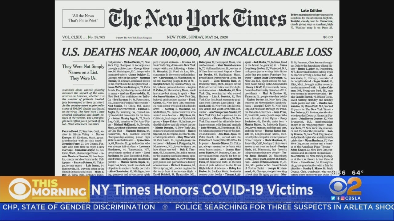 New York Times Lists 1,000 COVID-19 Victims On Sunday's Front Page