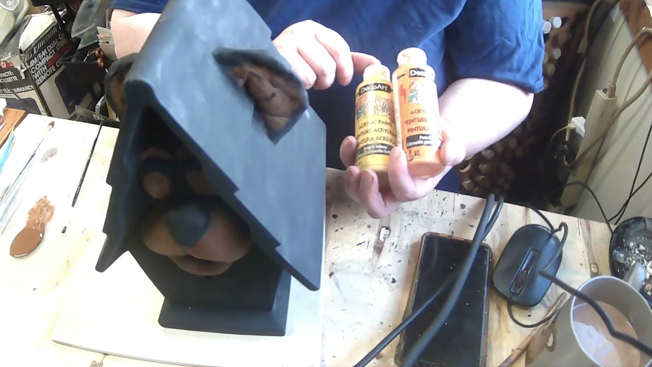 DIY Painting ceramic bisque with acrylics - bear birdhouse