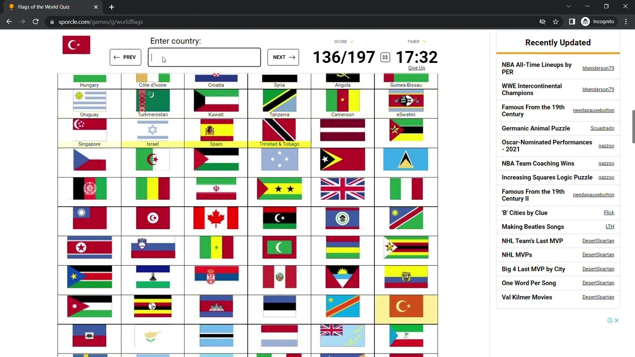 Flags of the World Quiz on Sporcle (41 seconds world record