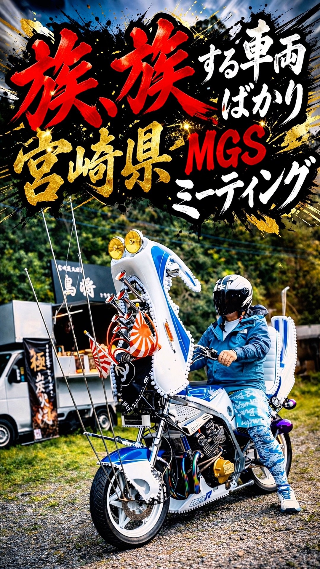 旧車四輪(車輌名わかる人教えて)に【竹槍マフラー】爆音車輌が続々入場