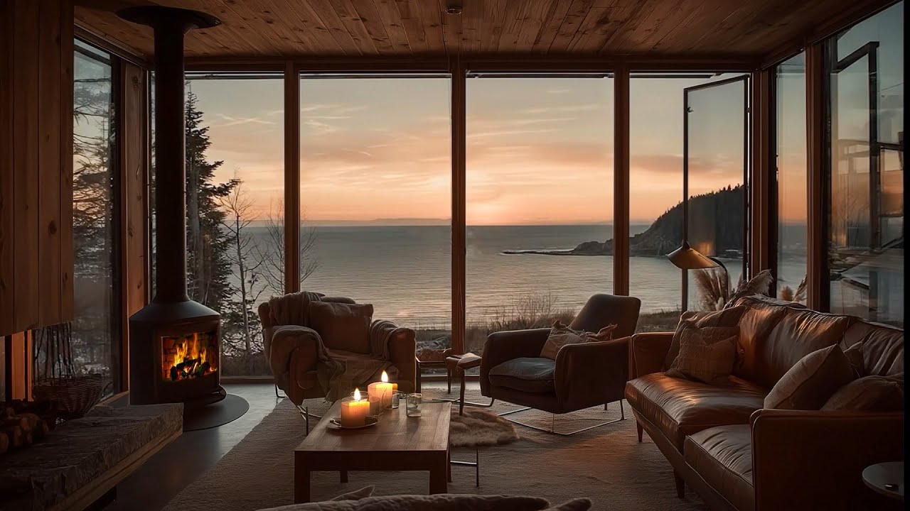 Cozy Coastal Sunset Cabin 🌅🔥 | Ocean Waves & Fireplace Sounds for Deep Sleep & Relaxation
