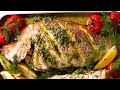 Whole baked fish  herb stuffed with garlic butter dill sauce