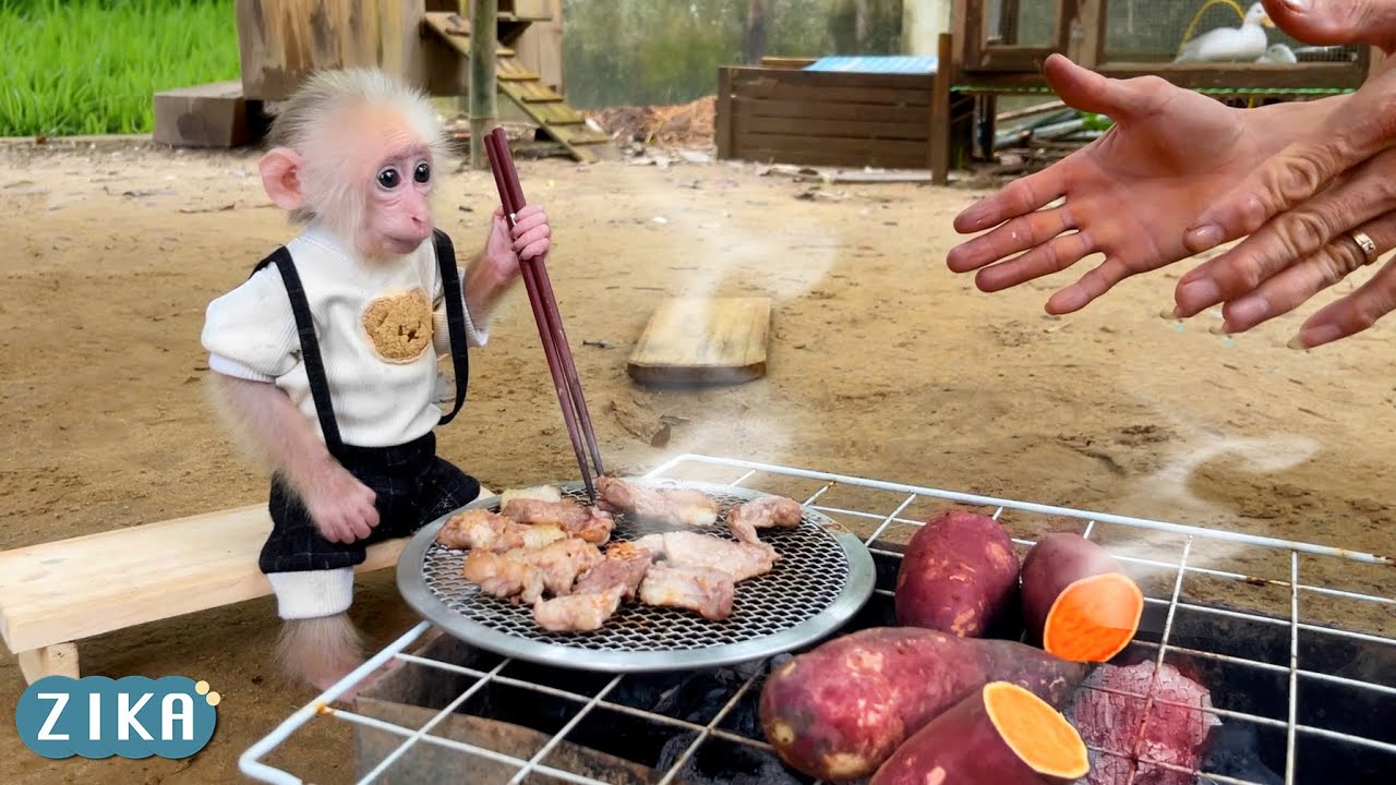 Дядя ведёт Зику на рынок купить мясо и картошку на завтрак.