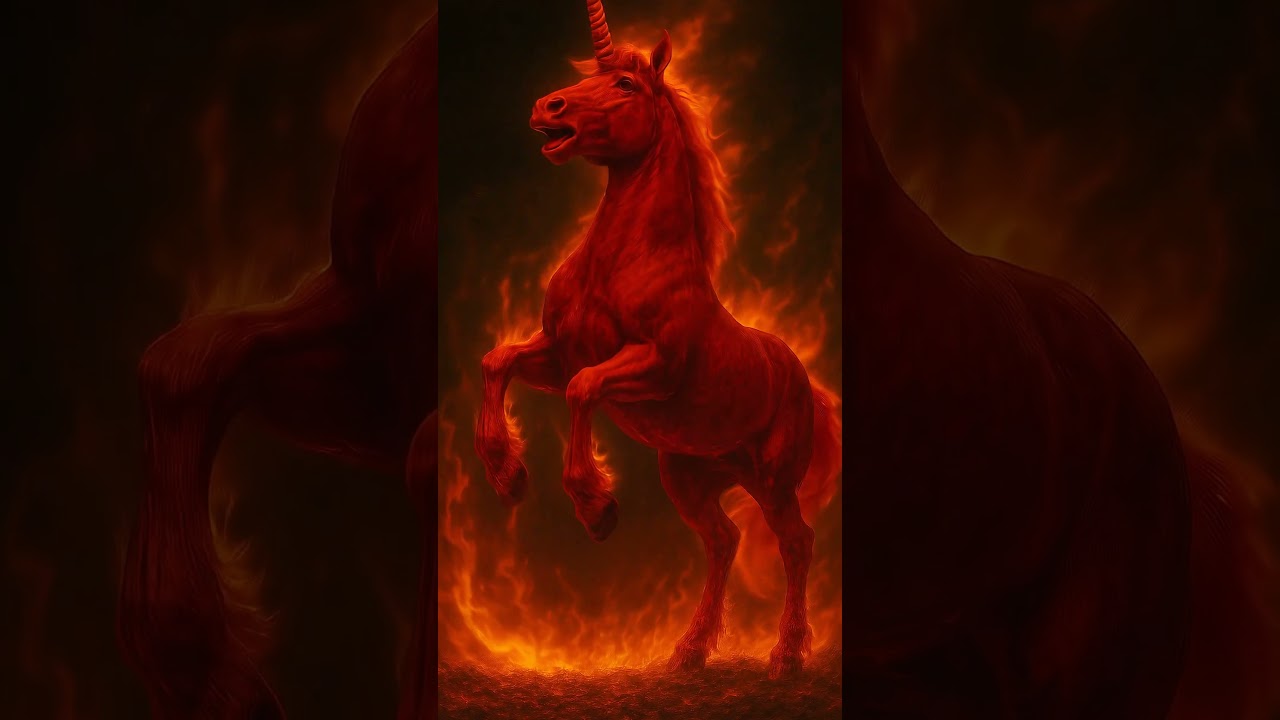 “Crimson Unicorn in Fiery Inferno | Mythic Power Awakens” |