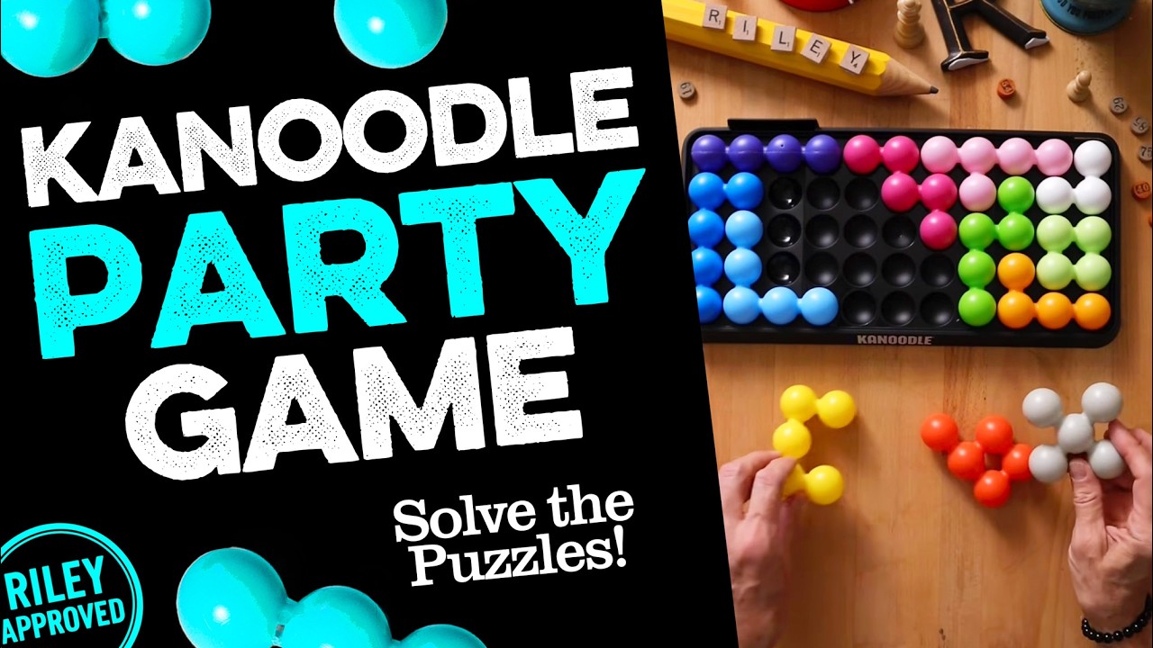 Kanoodle Party Giant Edition 15-inch puzzle board with oversized colored pieces, hosted by Riley Wilkinson on Brain Game Theater