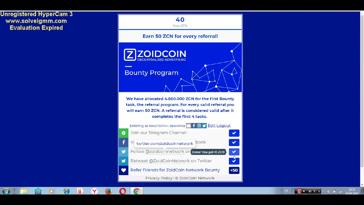 ZoidCoin   40 ZCN + 50 ref free tokens AIRDROP ⁄ BOUNTY