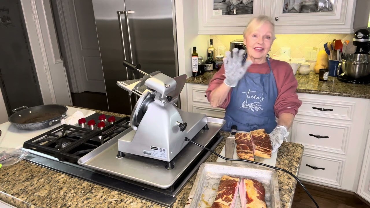 Slicing homemade bacon on the Beswood 220