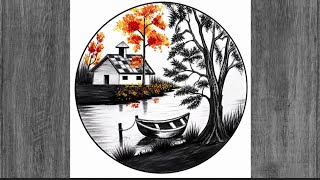 Easy circle scenery /Easy drawing ideas for beginners/ Beautiful autumn lake drawing 🍁