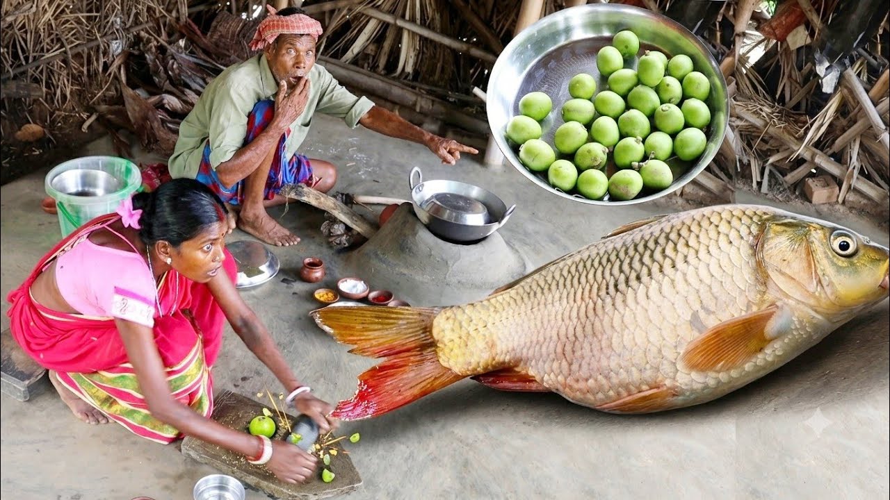 Santal Elderly Couple Prepares American Rui Fish Curry and Amra Dal Curry for Lunch