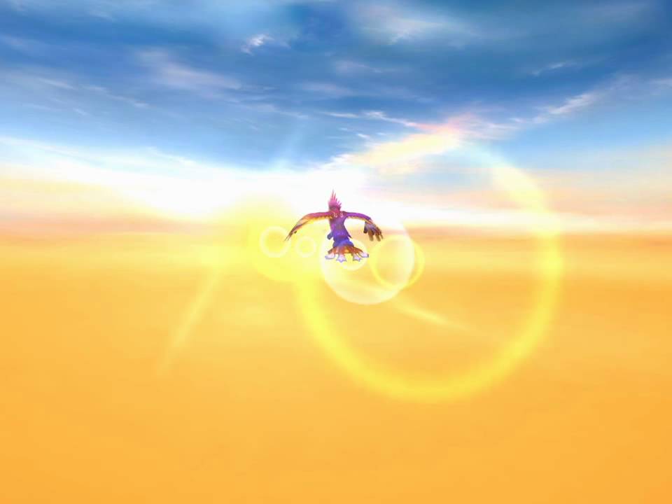 A screenshot of HolyBeast online, of a purple bird flying into the sunset.