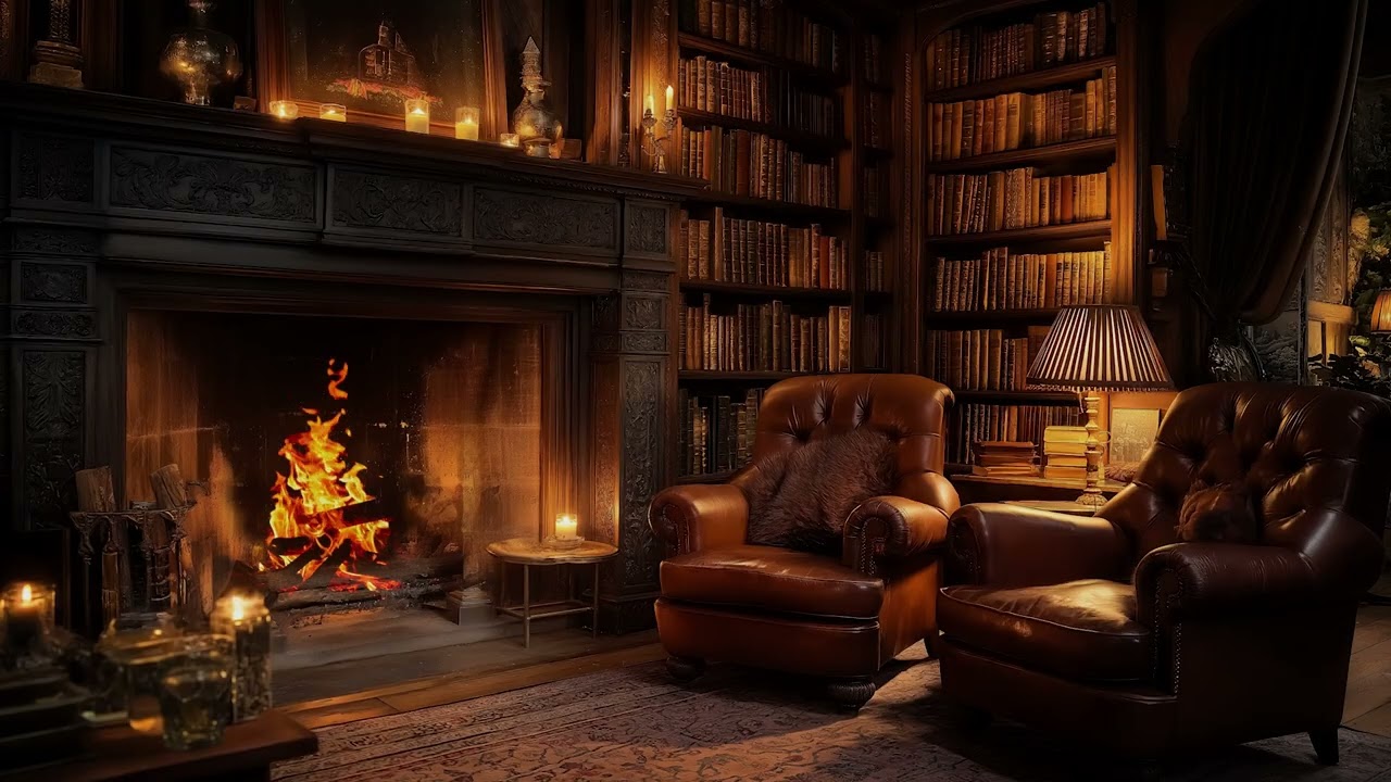 Cozy Old Library Fireplace with Gentle Crackling Fire Sounds for Deep Relaxation and Sleep