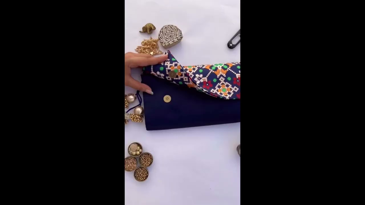 Navy Blue Navratna Patola X Solid Silk Encase Clutch