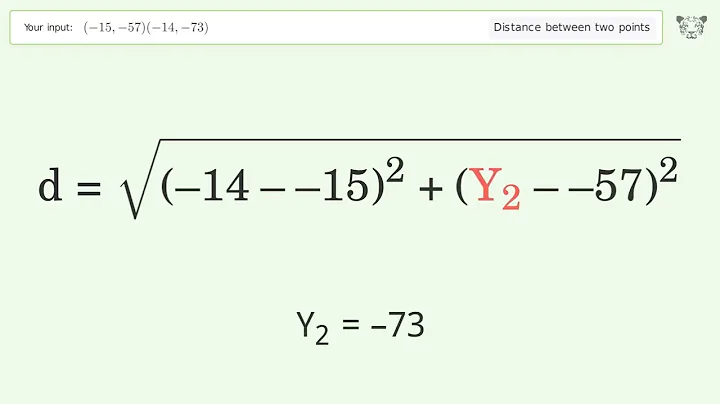 Find the distance between two points p1 (-15,-57) and p2 (-14,-73): Step-by-Step Video Solution