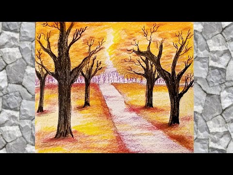 رسم منظر طبيعي بالألوان الخشبية رسم خطوة بخطوة لمنظر خريفي رسم مبسط بالألوان رسم سهل