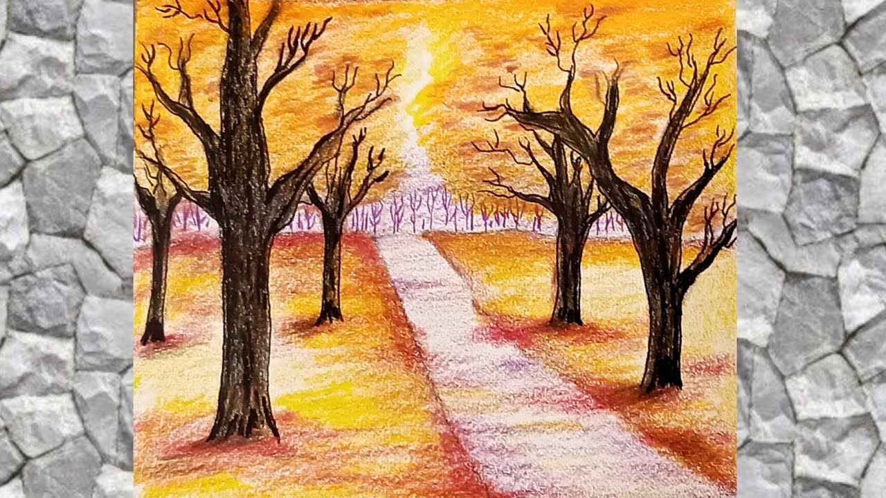 رسم منظر طبيعي بالألوان الخشبية || رسم خطوة بخطوة لمنظر خريفي || رسم مبسط بالألوان || رسم سهل