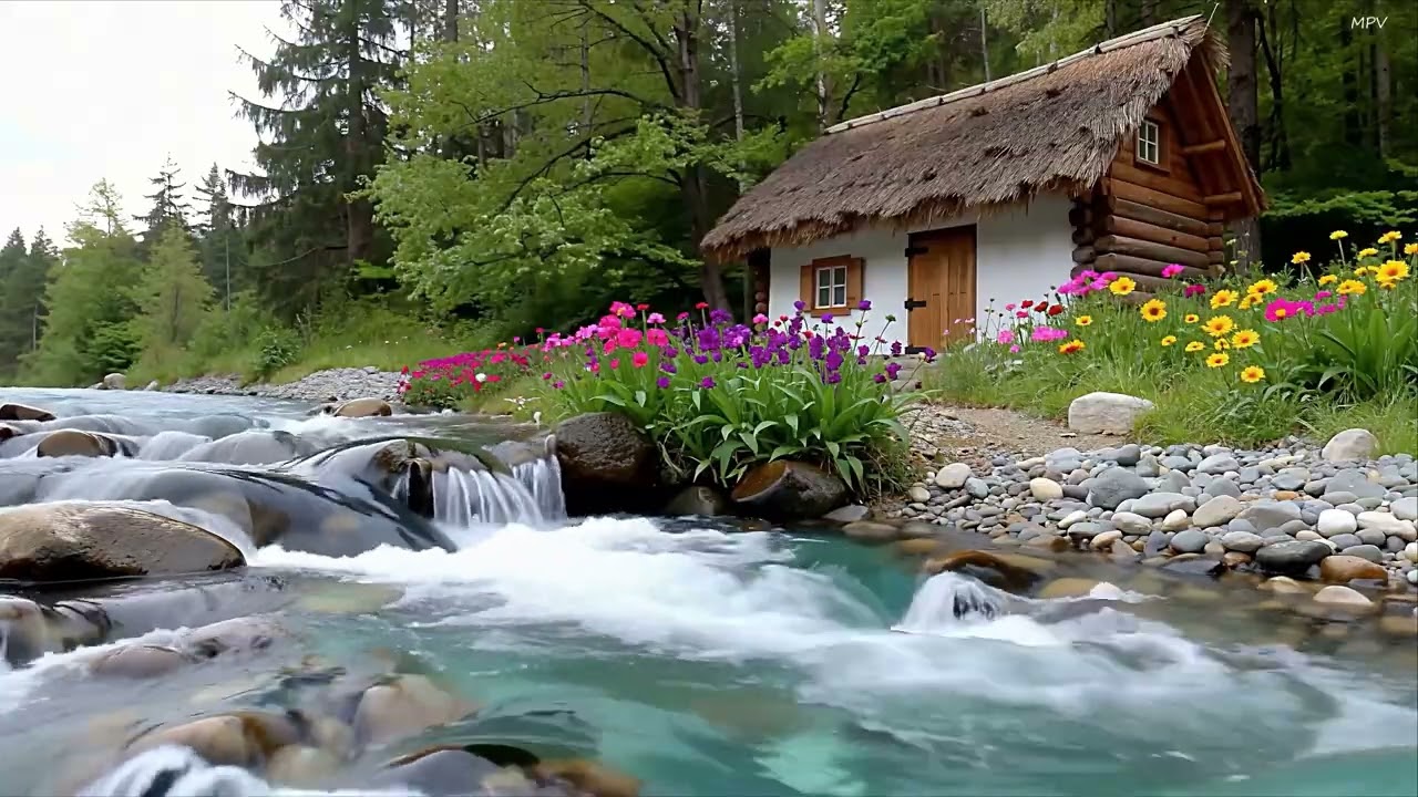 Утреннее пение птиц в сельской местности и чистый ручей, текущий по камням.