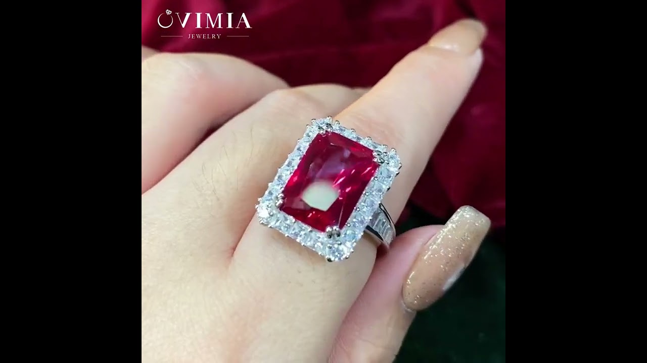 Ovimia Luxurious Halo Radiant Cut Red Sterling Silver Ring