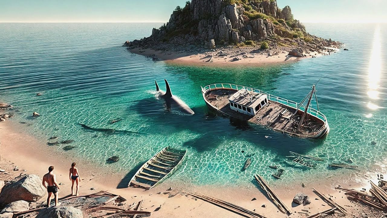 المكان الوحيد للهروب الزوجين من اسماك القرش ,هي جزيرة تغرق  تحت المياة كل ليلة