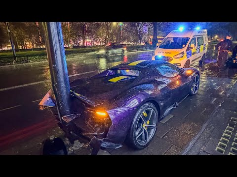 PURPLE FERRARI 296 GTB CRASHED ON PARK LANE