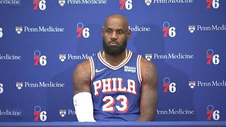 LeBron James speaks at Sixers Media Day, sporting Philadelphia uniform for first time in public