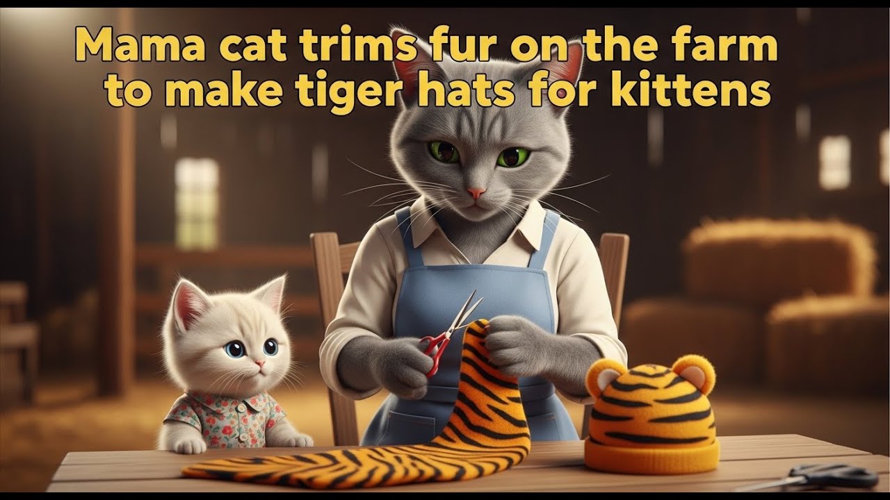 Mama cat trims fur on the farm to make tiger hats for kittens