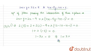 The equation of the plane passing through the intersection of the planes 2x+y+2z=9,4x-5y-4z=1 an...